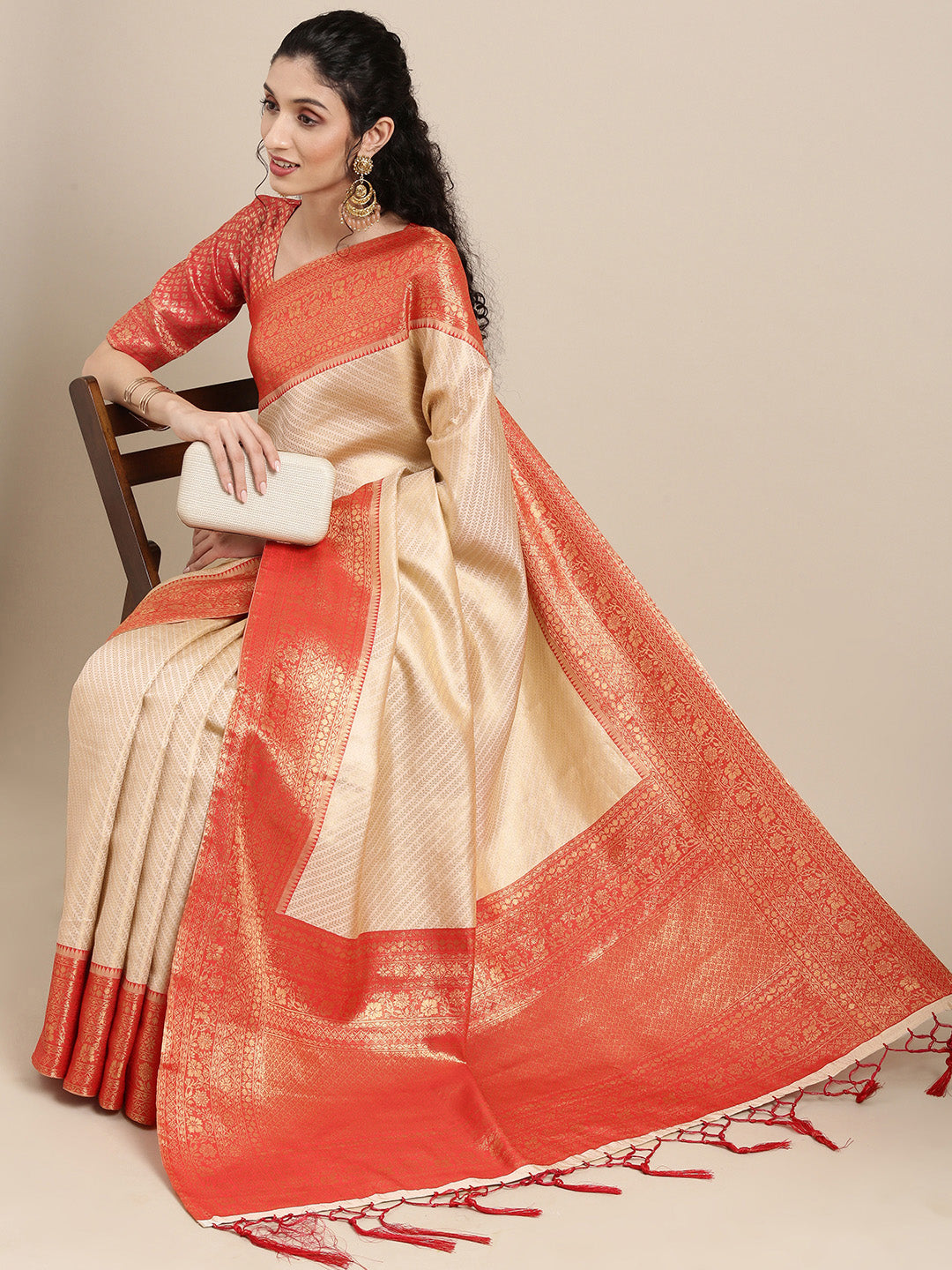 Saree Mall Off White & Red Woven Design Zari Silk Blend Banarasi Saree - Distacart