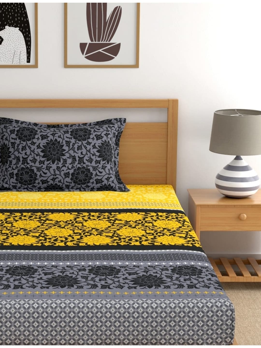 Dreamscape Yellow Ethnic Motifs Cotton 140 TC Fitted Single Bedsheet & 1 Pillow Cover - Distacart