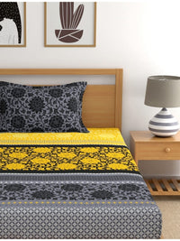 Thumbnail for Dreamscape Yellow Ethnic Motifs Cotton 140 TC Fitted Single Bedsheet & 1 Pillow Cover - Distacart