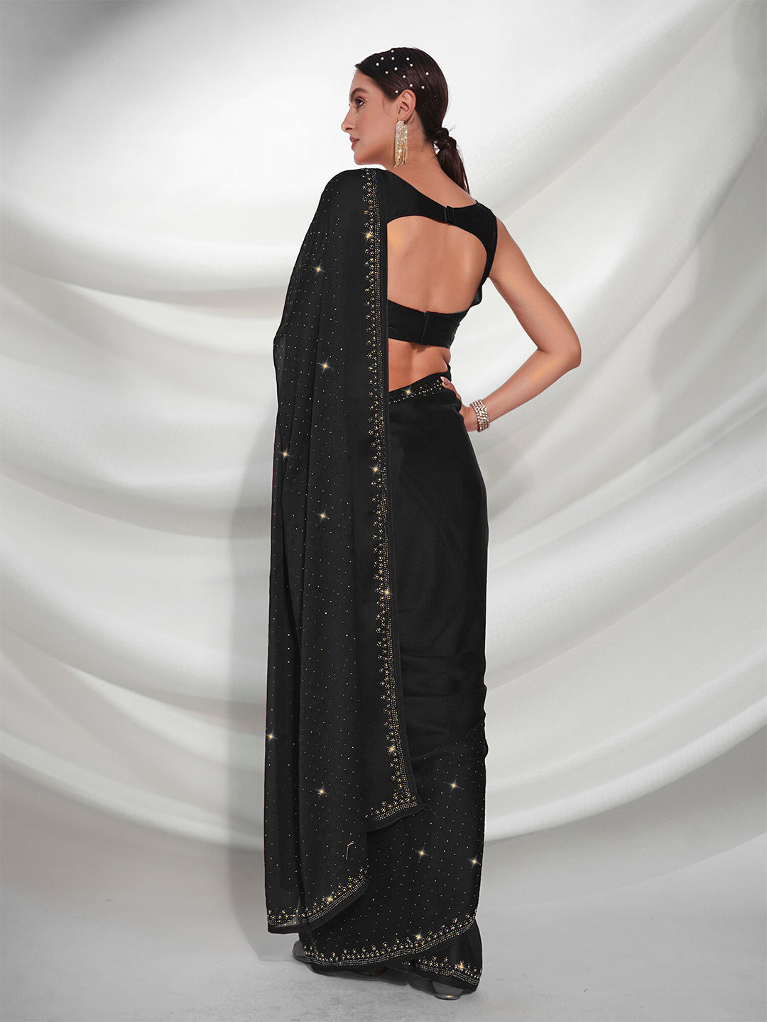Mitera Black Embellished Beads and Stones Satin Saree - Distacart