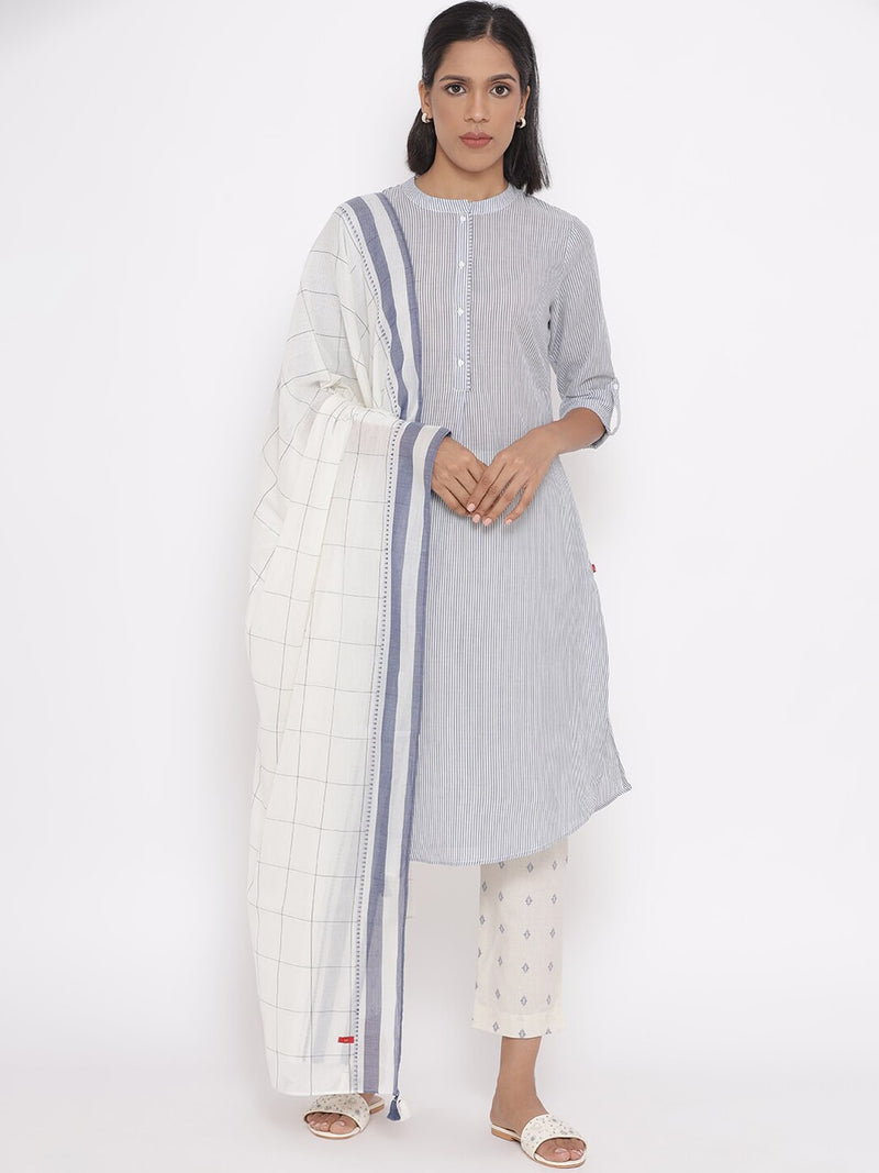 Women Blue & White Striped Pure Cotton Kurta–