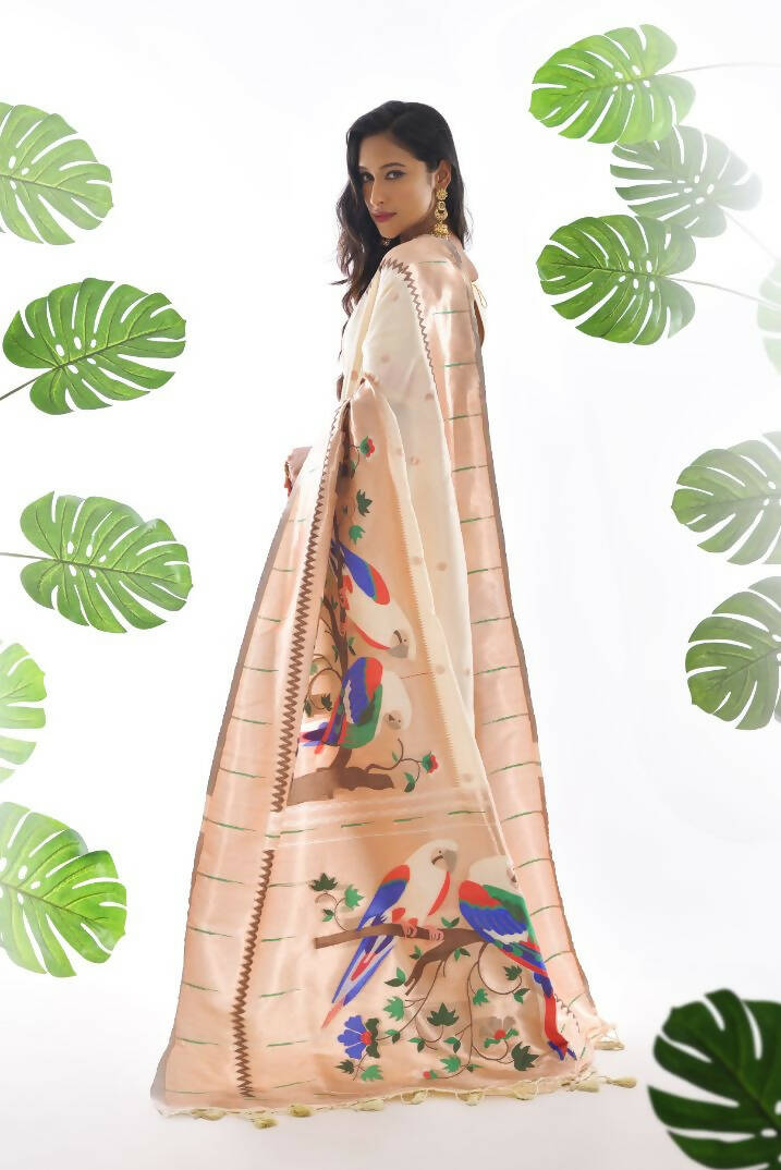 Off White Paithani Handloom Pure Silk Saree - Buy Now