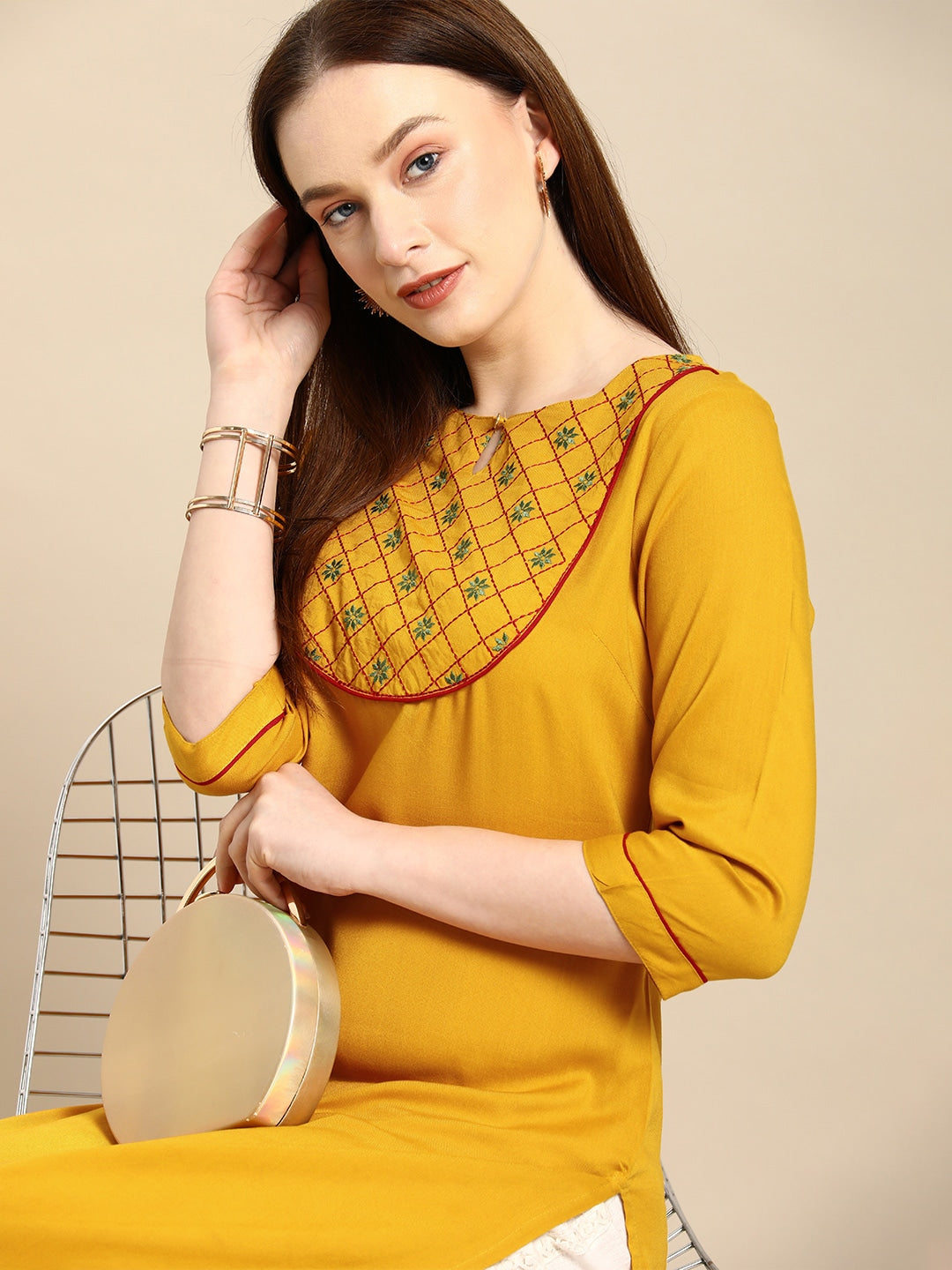 All About You Women Mustard Yellow Ethnic Motifs Yoke Design Keyhole Neck Straight Kurta - Distacart