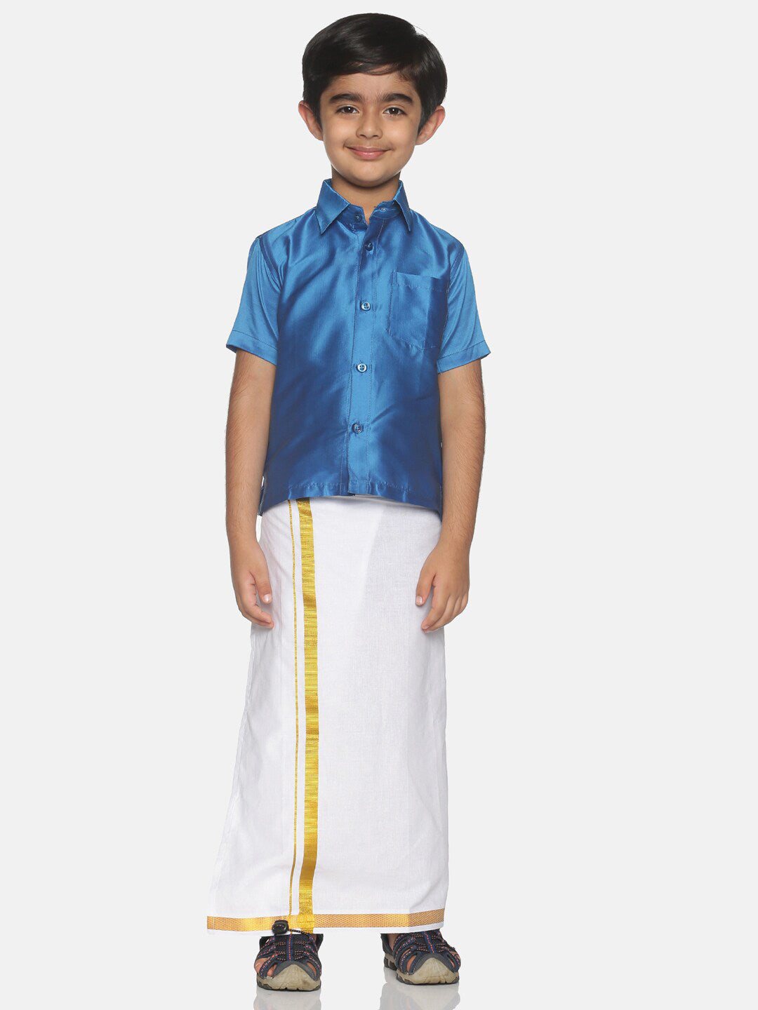 Sethukrishna Blue & White Solid Shirt and Veshti Set For Boys - Distacart