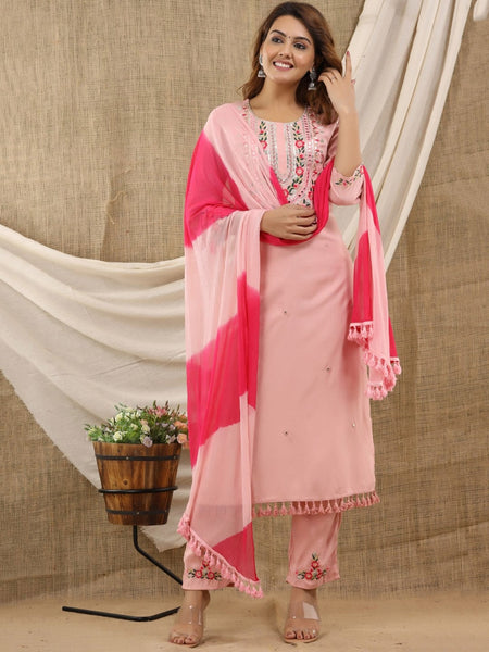 Kalini Women Peach-Coloured Embroidered Thread Work Kurti with Trousers & With Dupatta - Distacart