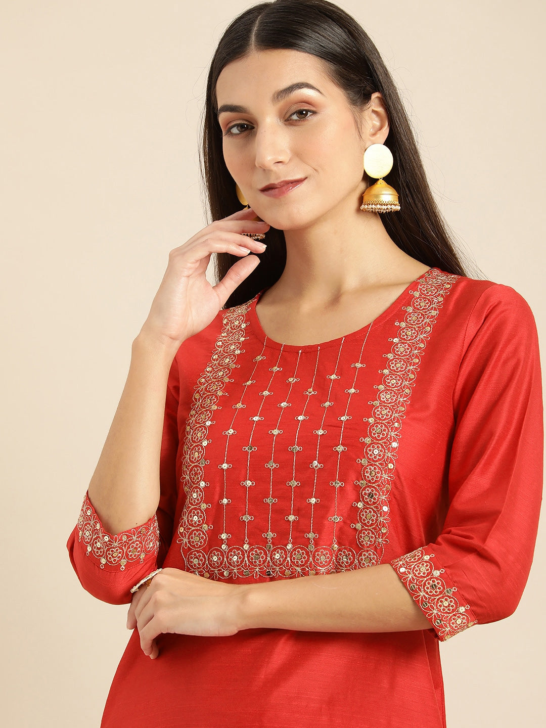 All About You Women Red Woven Design Kurta with Trousers - Distacart