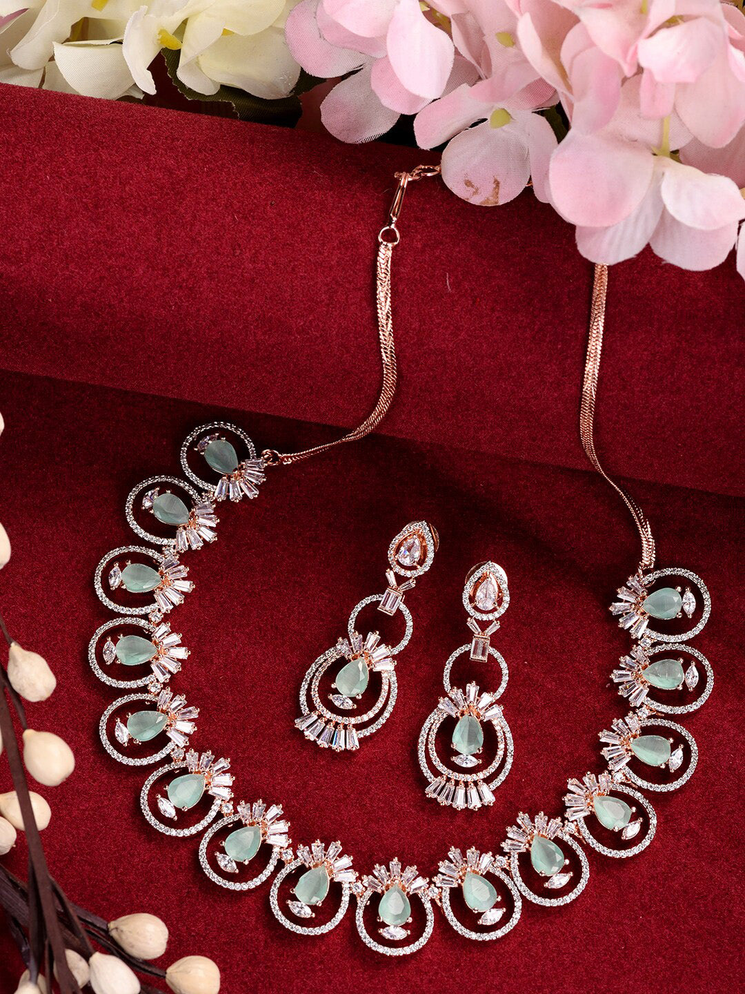 Saraf RS Jewellery Rose Gold-Plated & Sea Green American Diamond Studded Jewellery Set - Distacart