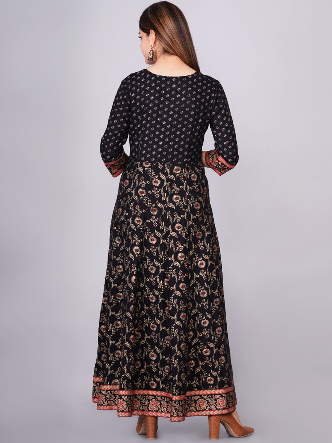 Kalini Women Black & Red Ethnic Motifs Printed Round Neck Cotton Anarkali Kurta - Distacart