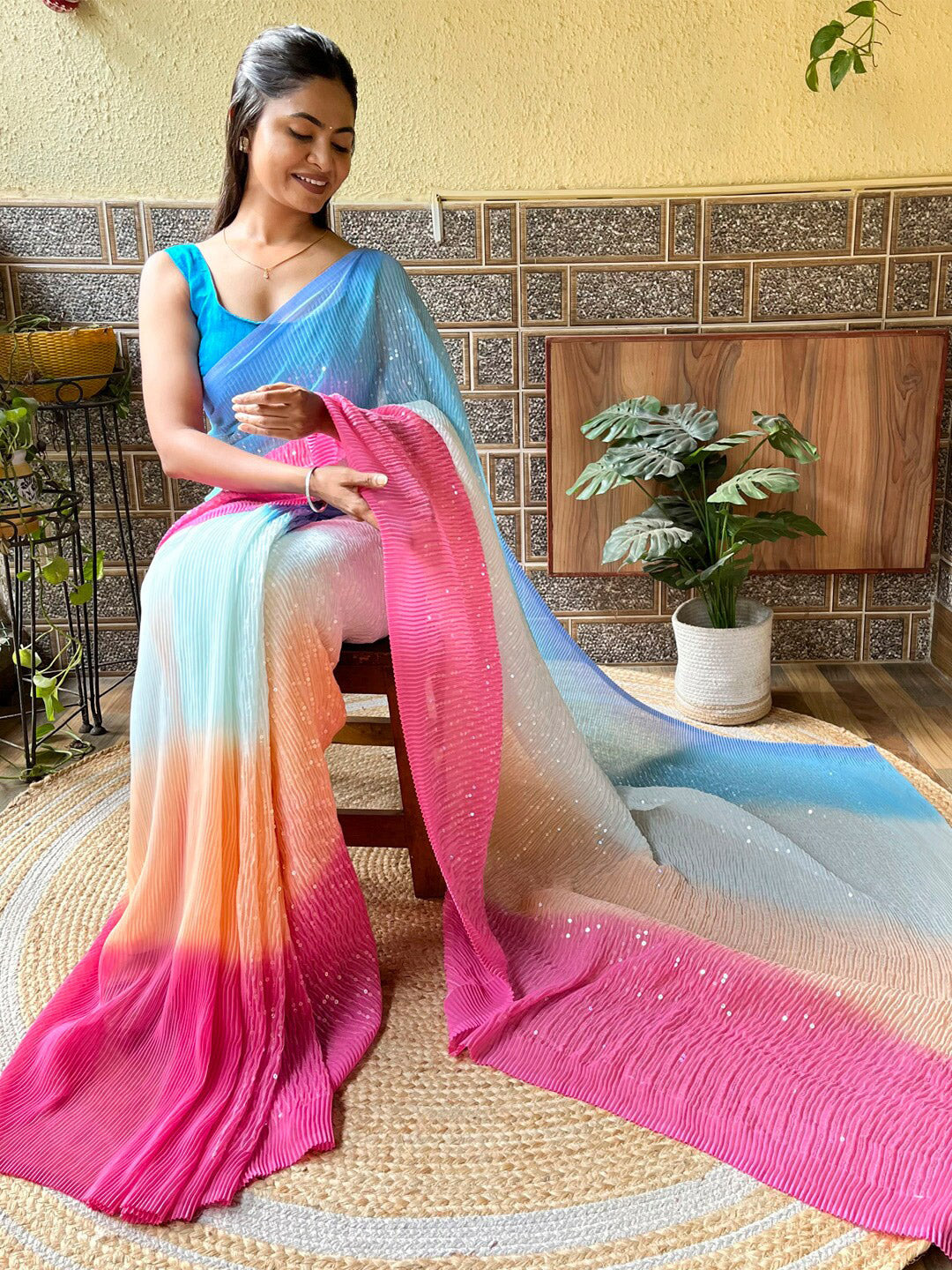 Mitera Blue & Pink Ombre Embellished Pure Georgette Designer Saree - Distacart