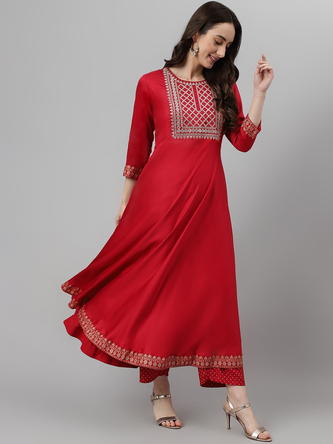 Khushal K Empire Style Ethnic Motifs Embroidered Zari A-Line Kurta with Palazzos & Dupatta - Distacart