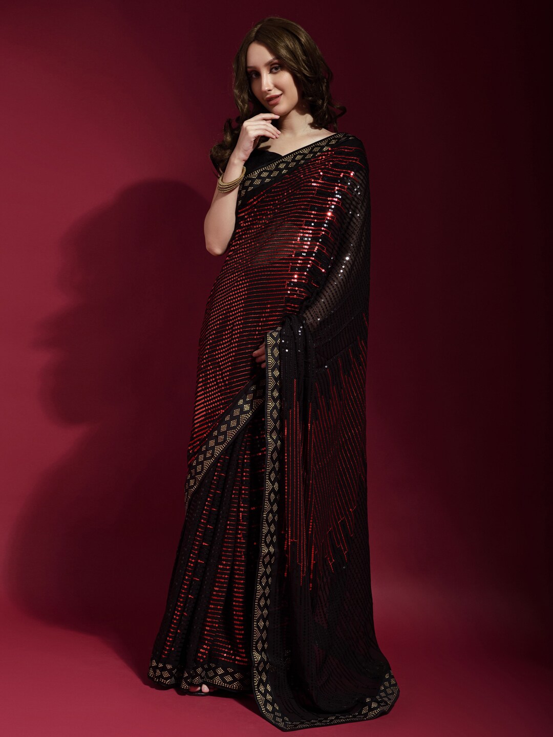 Buy HEAVY GEORGETTE RED & BLACK COLOUR SAREE WITH BEAUTIFUL TONE TO TONE  SEQUENCE BORDER at Rs. 800 online from Surati Fabric Georgette Sarees :  SF-DAC-RB
