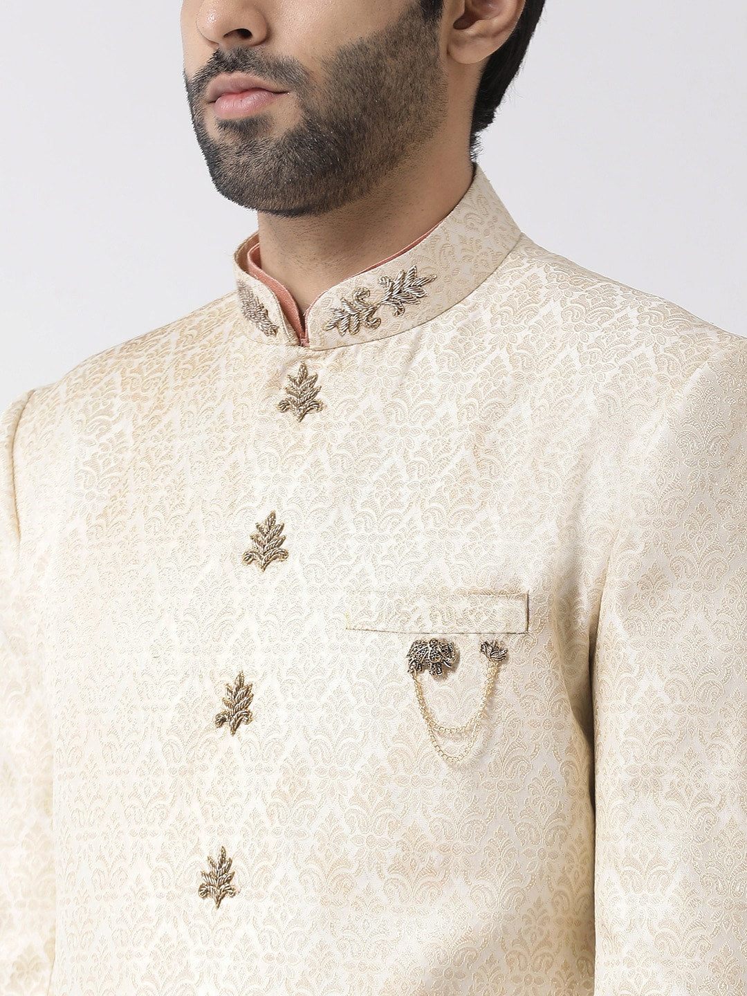 KISAH Men Cream Coloured & Peach Coloured Ethnic Motif Sherwani Set - Distacart