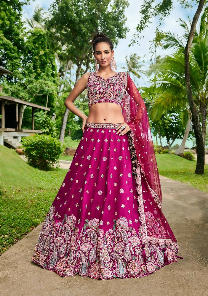 House of Panchhi Burgundy Satin Silk Sequins And Zarkan Embroidery Lehenga Choli & Dupatta - Distacart