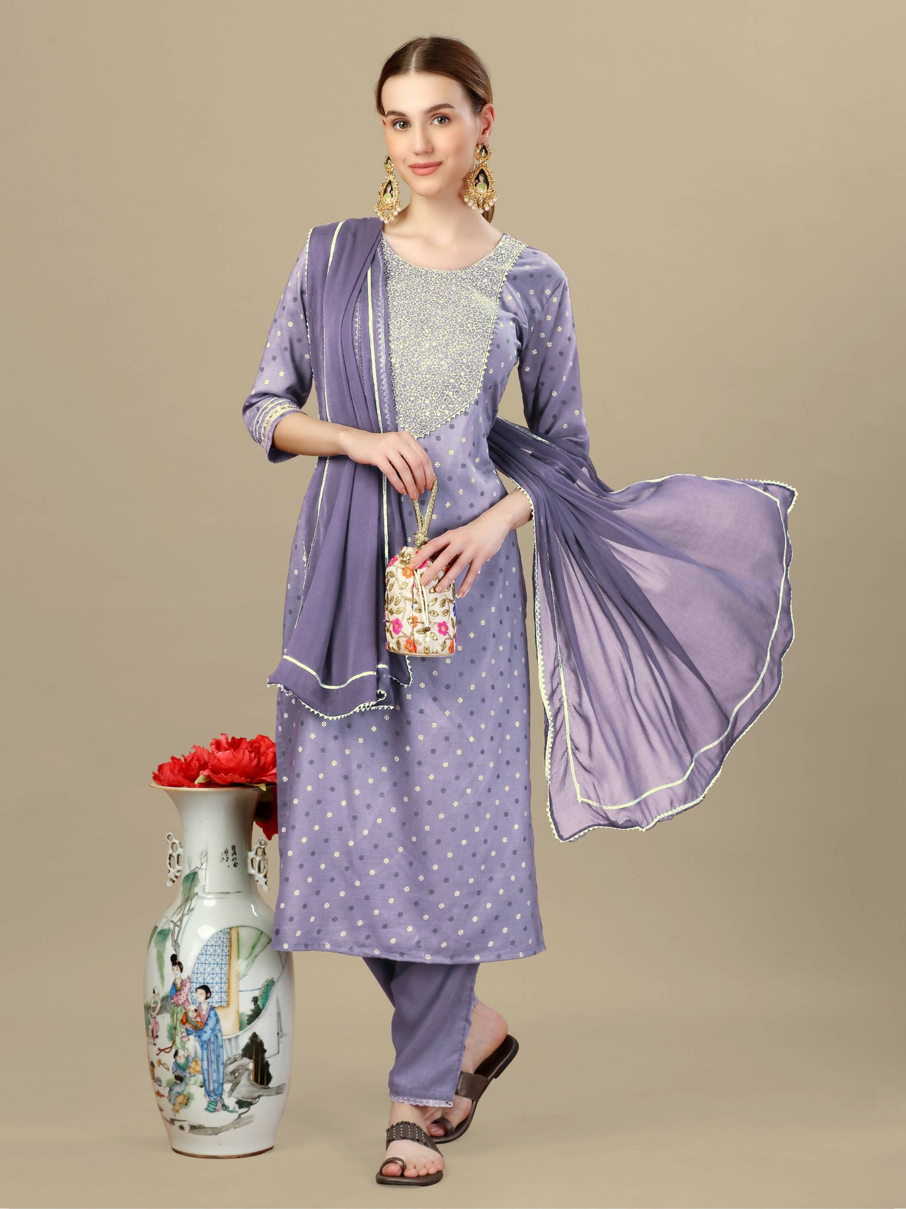 Aastha Fashion Women's Lavender Silk Blend Embroidery & Sequence Work Kurta with Trouser & Dupatta - Distacart