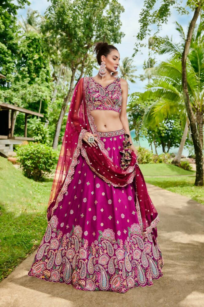 House of Panchhi Burgundy Satin Silk Sequins And Zarkan Embroidery Lehenga Choli & Dupatta - Distacart