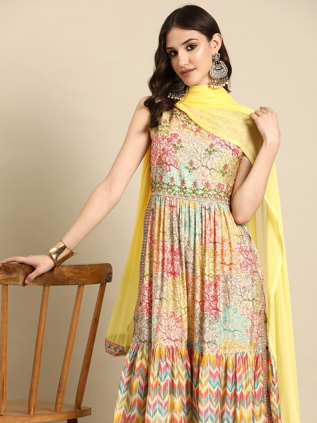 Sangria Floral Embroidered High Slit Sequinned Kurta With Salwar Dupatta