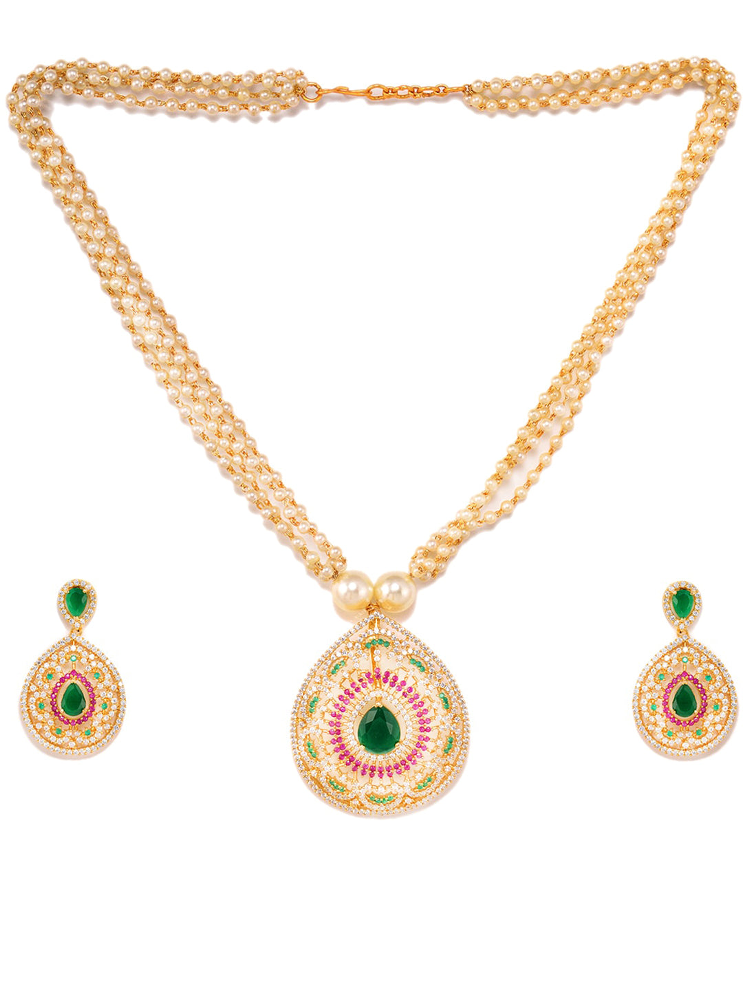 Saraf RS Jewellery Women Gold-Plated Multi Coloured AD Studded Pearl Mala & Earrings Set - Distacart