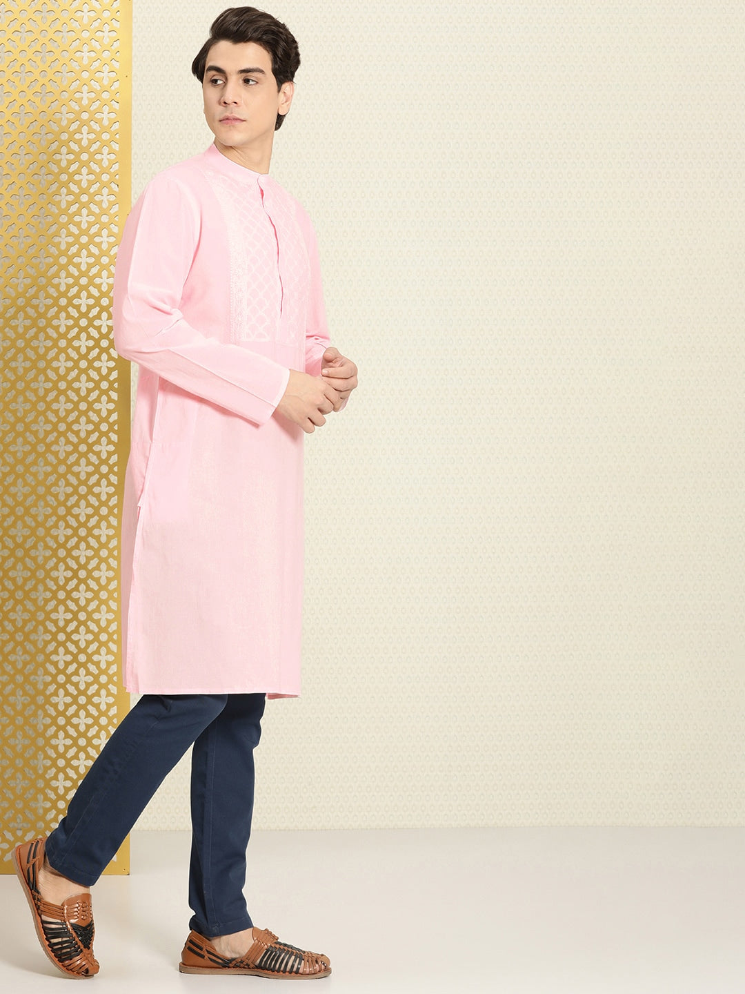 House of Pataudi Men Chikankari Yoke Design Pastels Pure Cotton Rozana Kurta - Distacart