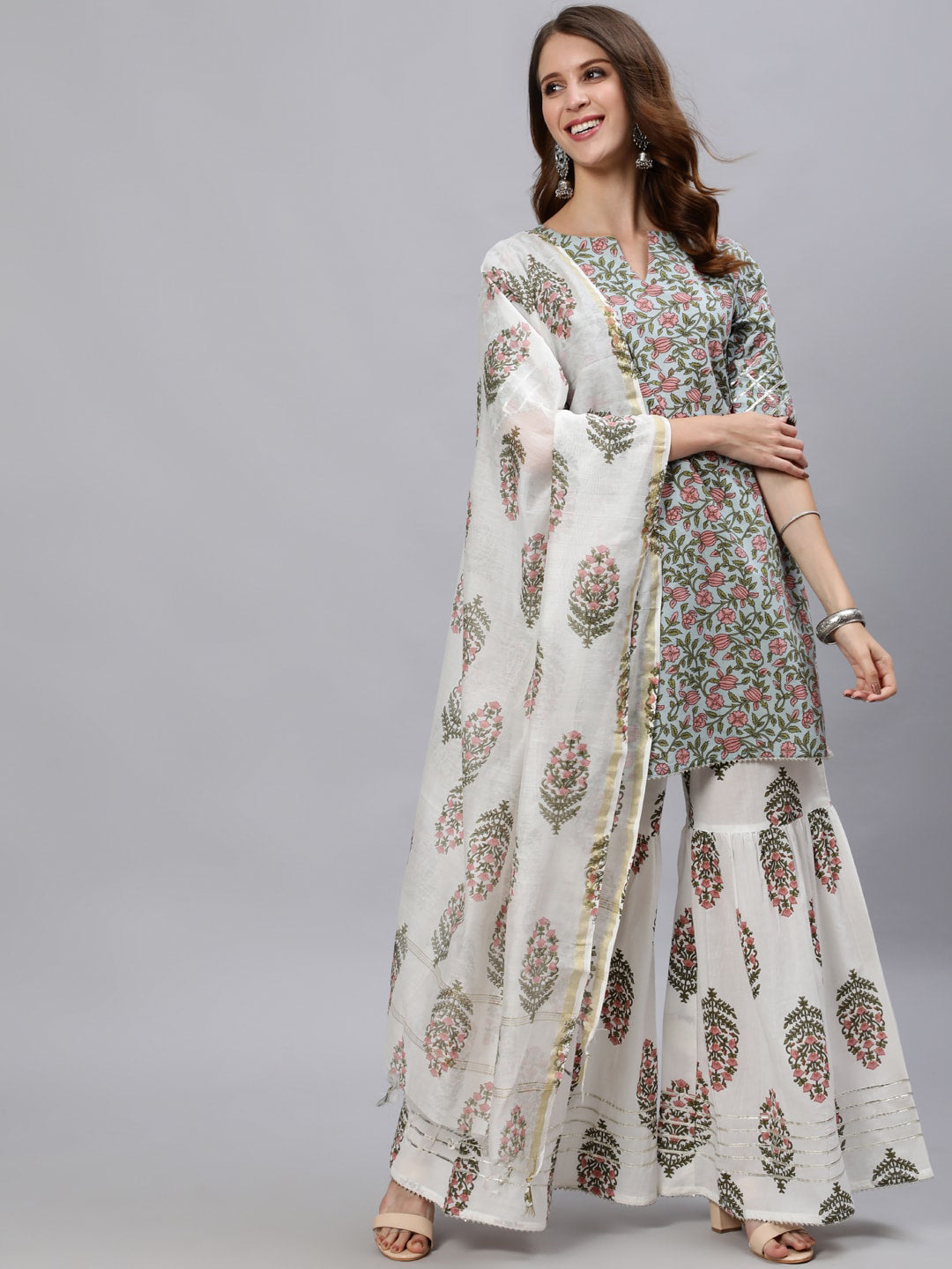 Buy Jaipur Kurti Women Blue & Green Floral Printed Pure Cotton