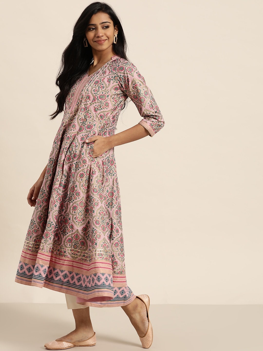 Sangria Women Pink Green Ethnic Print Anarkali Kurta