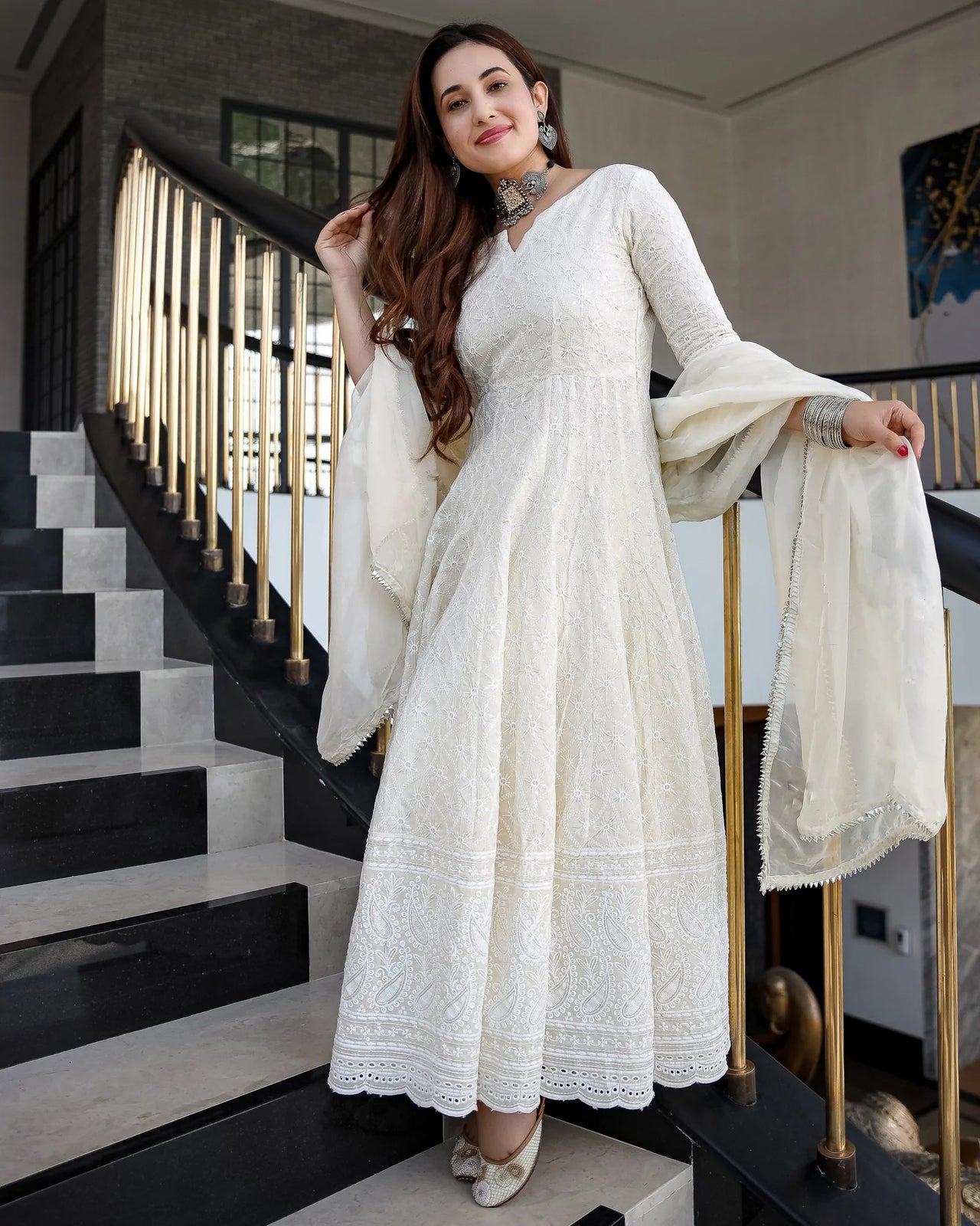 Malishka Women's White Cotton Chikankari Gown with Dupatta Set - White - Distacart