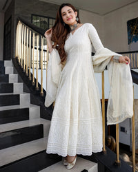 Thumbnail for Malishka Women's White Cotton Chikankari Gown with Dupatta Set - White - Distacart