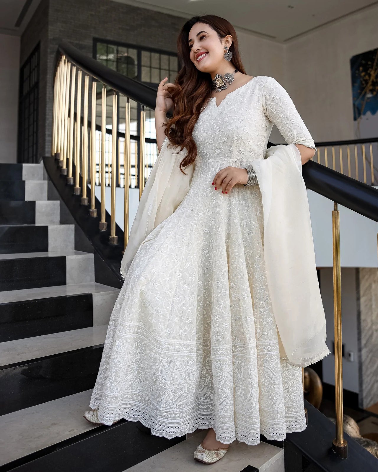 Malishka Women's White Cotton Chikankari Gown with Dupatta Set - White - Distacart