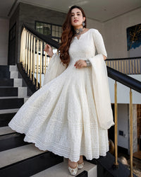 Thumbnail for Malishka Women's White Cotton Chikankari Gown with Dupatta Set - White - Distacart