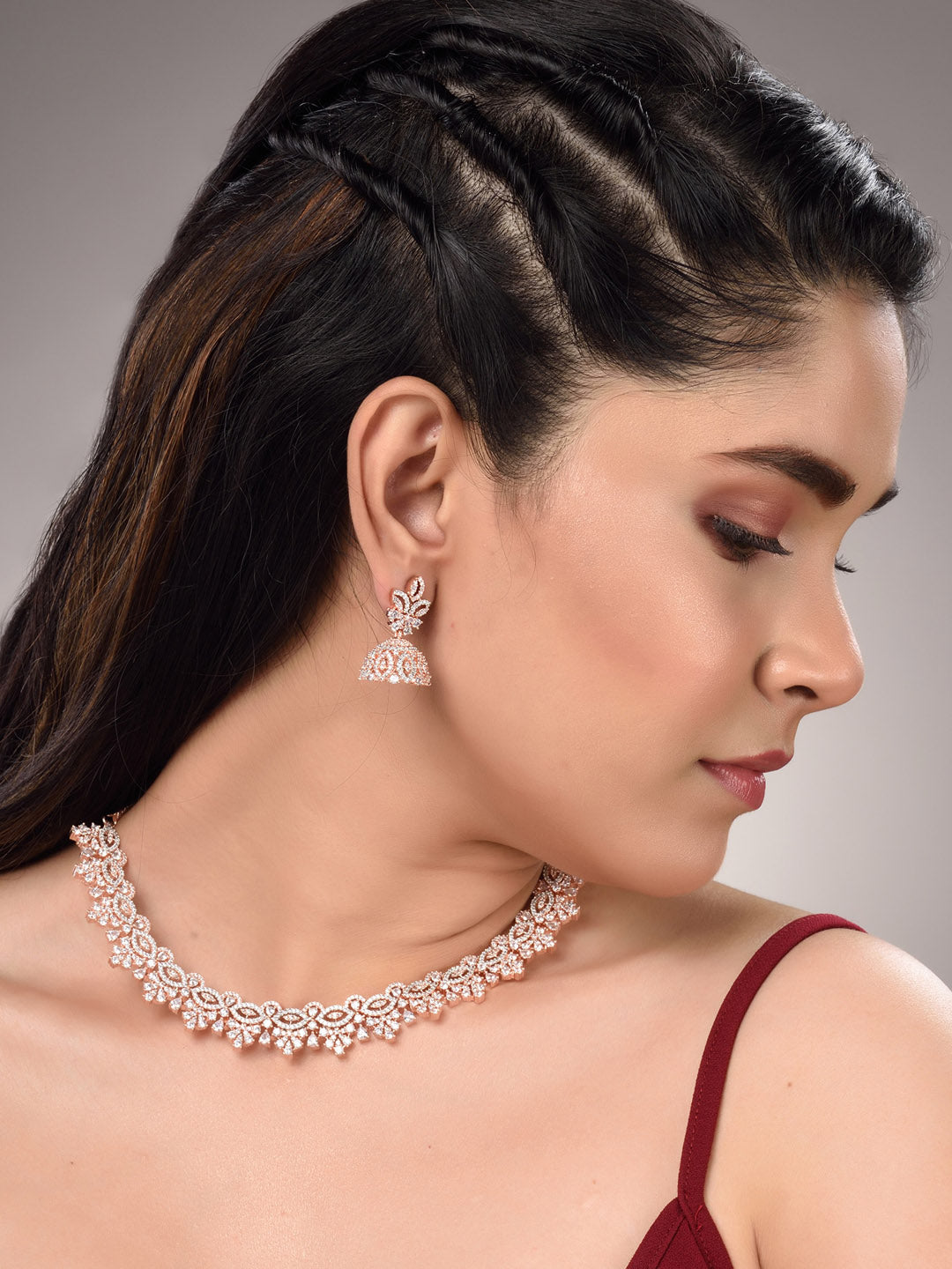 Saraf RS Jewellery Rose Gold-Plated & White AD & CZ-Studded Contemporary Jewellery Set - Distacart