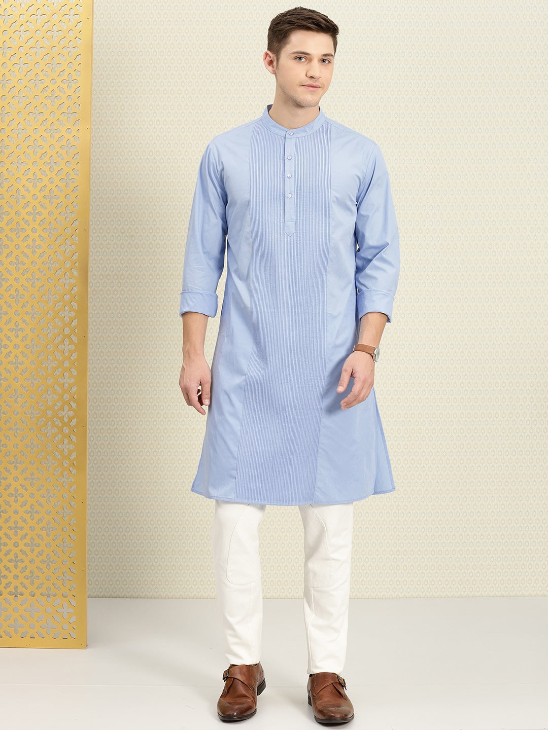 House of Pataudi Men Blue Solid Straight Kurta - Distacart