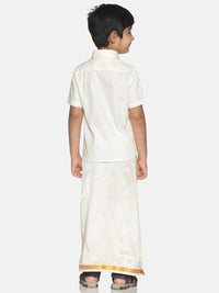 Thumbnail for Sethukrishna Boys Cream-Coloured Solid Shirt with Veshti Set - Distacart