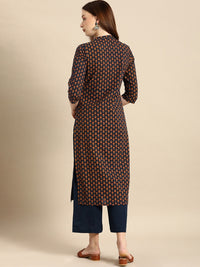 Thumbnail for All About You Women Navy Blue & Gold-Toned Ethnic Motifs Printed Regular Kurta - Distacart