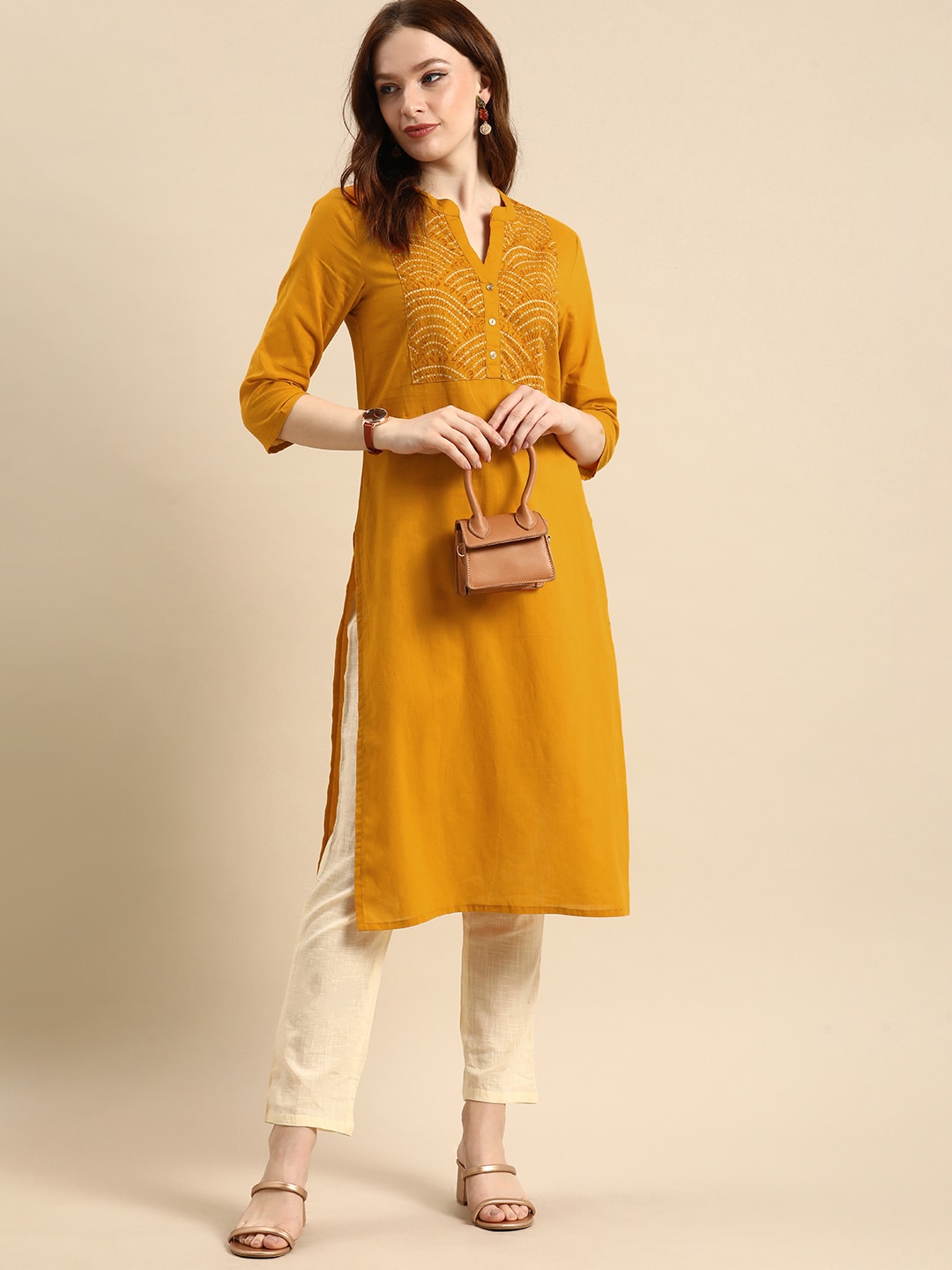 All About You Women Yellow Bandhani Yoke Design Pure Cotton Kurta - Distacart