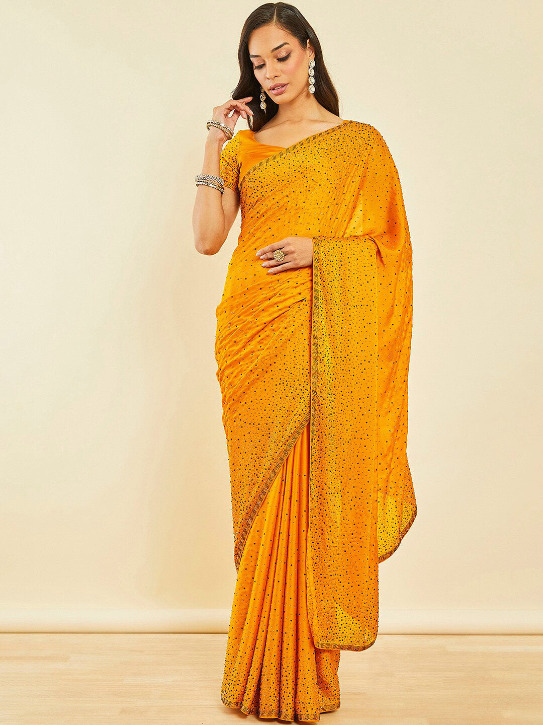 Soch Mustard Yellow Embellished Beads and Stones Pure Crepe Saree - Distacart