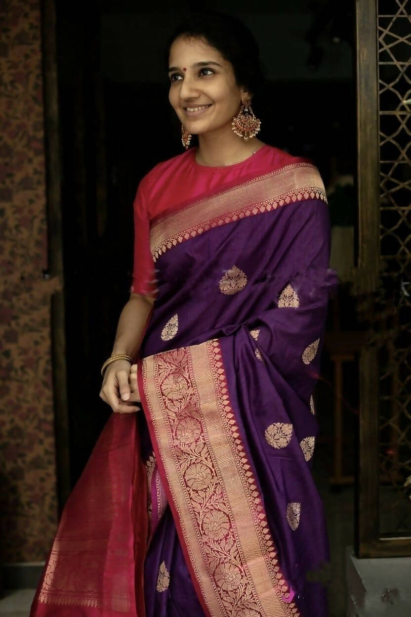 DEIANA'S Beautiful Golden Jari with New Design Soft Lichi Silk Saree - Purple - Distacart