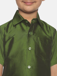 Thumbnail for Sethukrishna Boys Olive Green & White Shirt And Veshti Set - Distacart