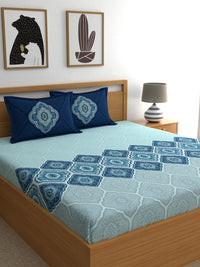 Thumbnail for Dreamscape Blue & Turquoise Blue 140 TC Pure Cotton Bedsheet with Pillow Covers - Distacart
