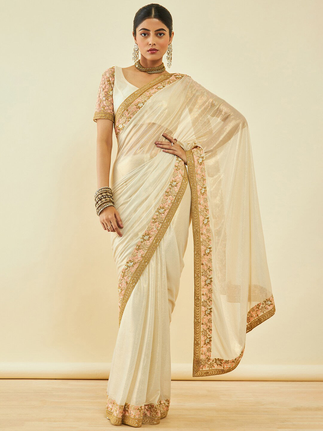 Soch Gold-Toned Embroidered Organza Saree - Distacart