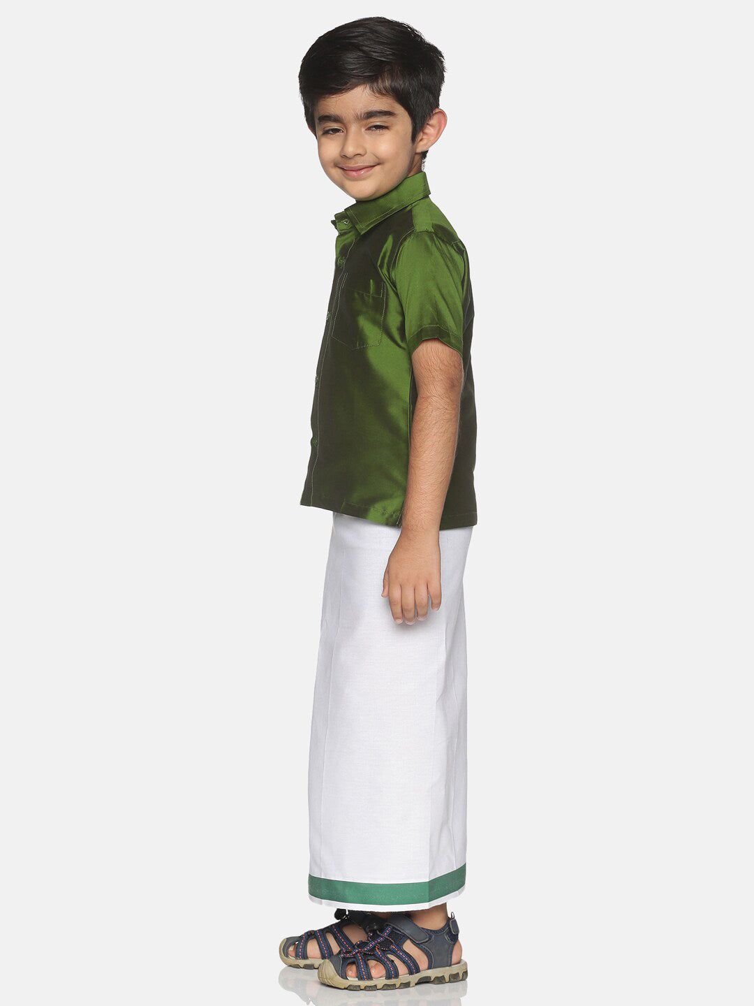 Sethukrishna Boys Olive Green & White Solid Shirt and Veshti Set - Distacart