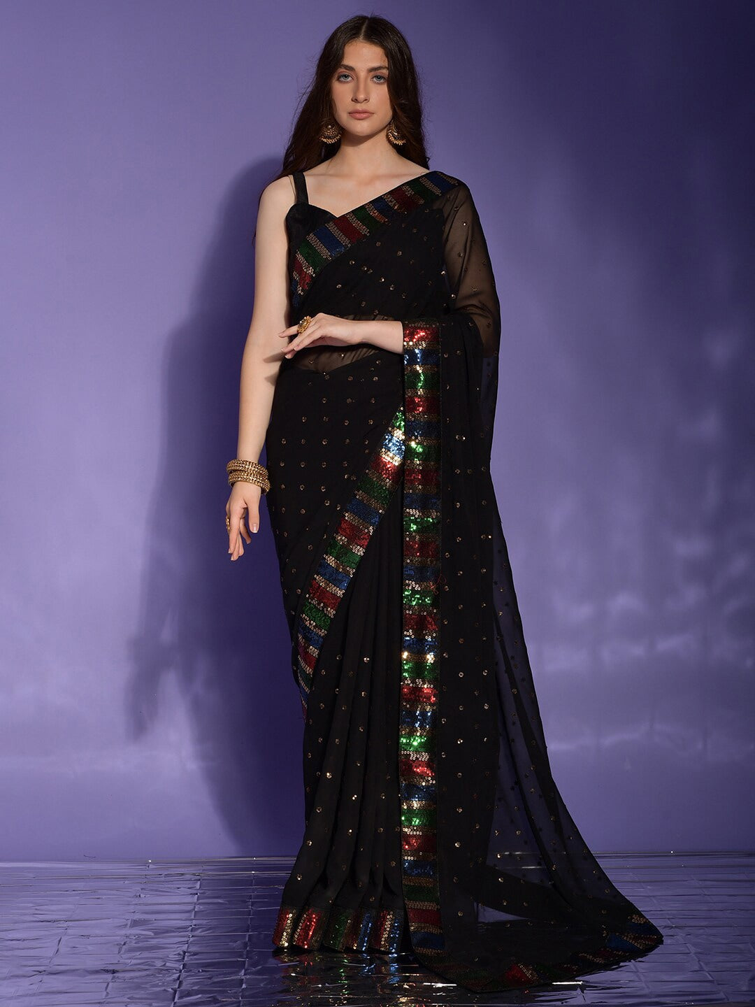 Anouk Black & Red Embellished Sequinned Pure Georgette Saree - Distacart