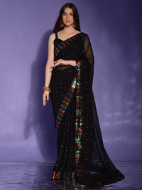 Thumbnail for Anouk Black & Red Embellished Sequinned Pure Georgette Saree - Distacart