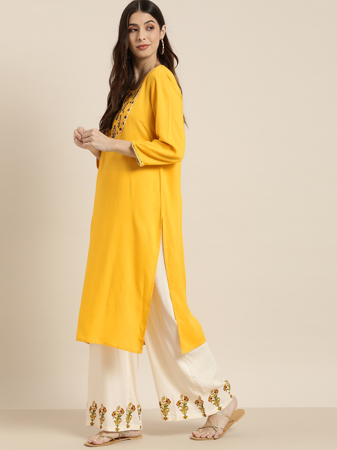 All About You Women Yellow & Beige Embroidered Kurta with Palazzos - Distacart