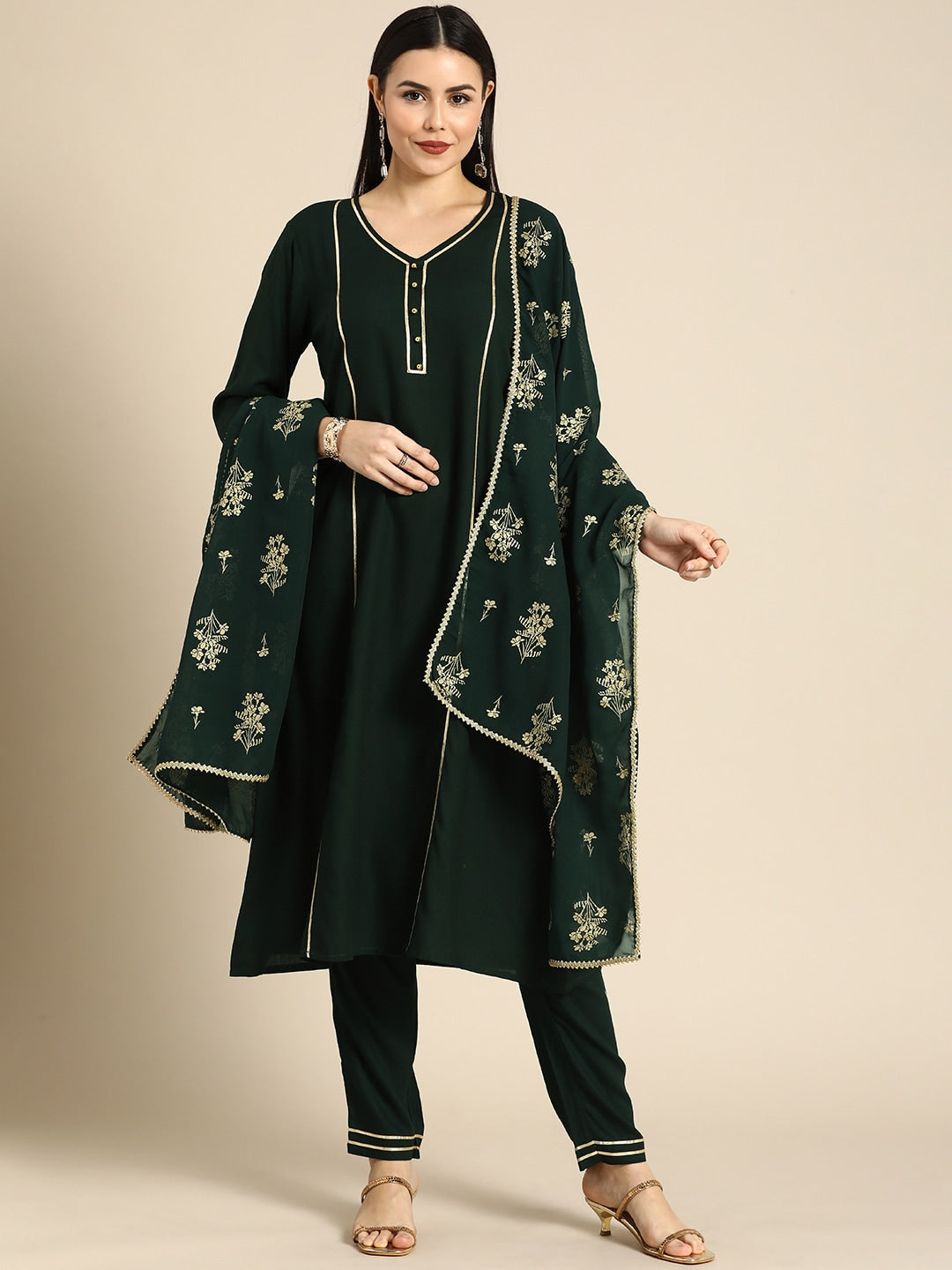 All About You Women Green & Gold-Toned Gotta Patti Kurta with Trousers & With Dupatta - Distacart