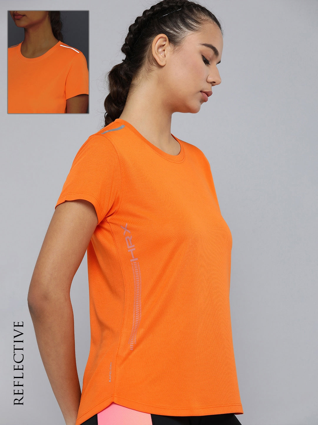 HRX by Hrithik Roshan Women Orange Printed Rapid Dry T Shirt with Reflective Strips S