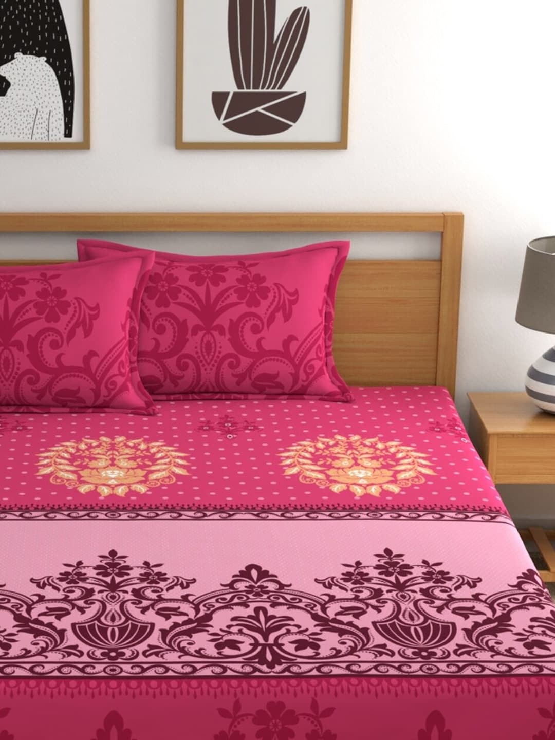 Dreamscape Pink & Beige Ethnic Motifs 144 TC Bedsheet with Pillow Covers - Distacart