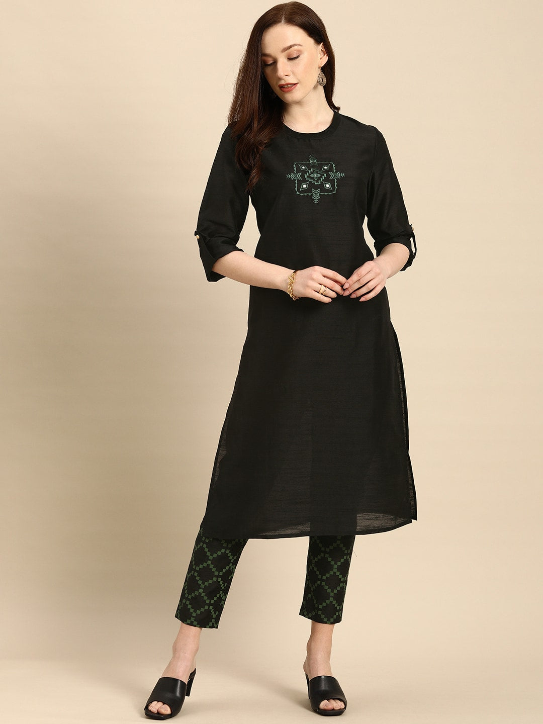 All About You Women Black & Green Embroidered Kurta with Trousers - Distacart