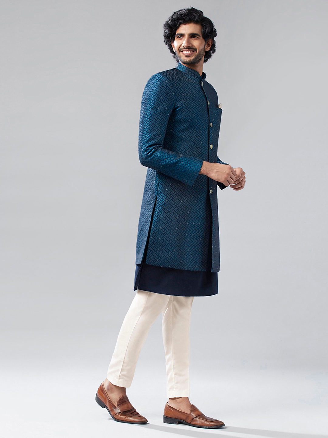 KISAH Self-Design Cotton Sherwani Set - Distacart