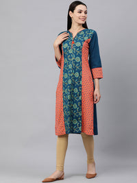 Thumbnail for Kalini Women Navy Blue & Orange Ethnic Printed Pure Cotton Kurta - Distacart