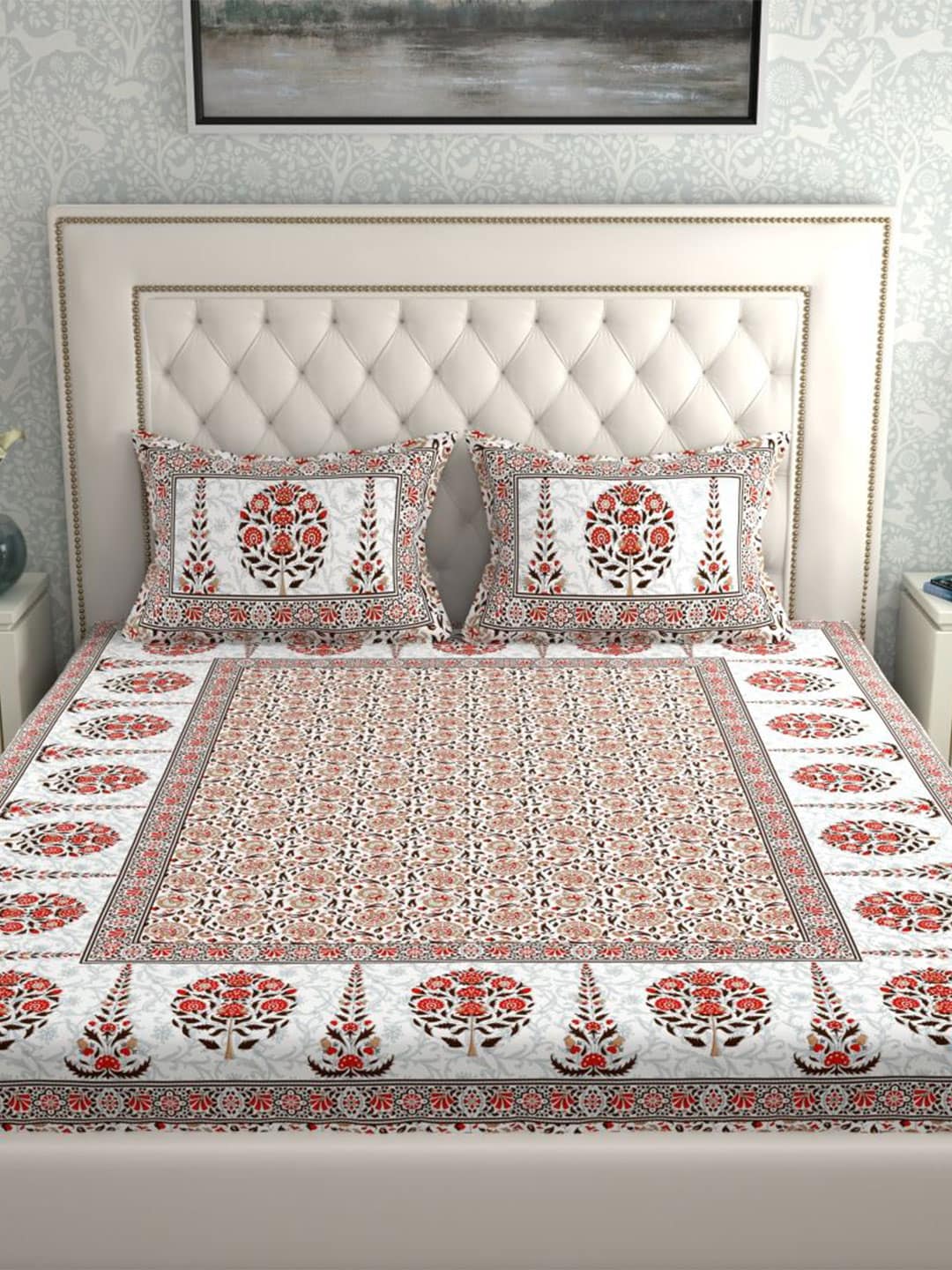 LA VERNE White & Maroon Ethnic Motifs 140 TC Cotton King Bedsheet With 2 Pillow Covers - Distacart