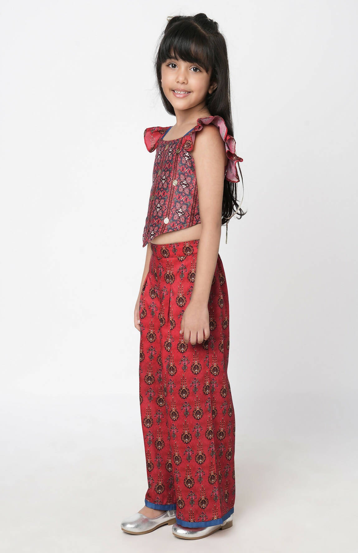 Lil Drama Ethnic Twist Girls Red Print Box Pleat Pant With Top Co-Ordinate Set - Distacart